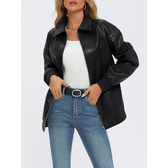 Womens Oversized Leather Jackets Zip Up Coats Faux Motorcycle Bomber Outfits Fal - Picture 2 of 5